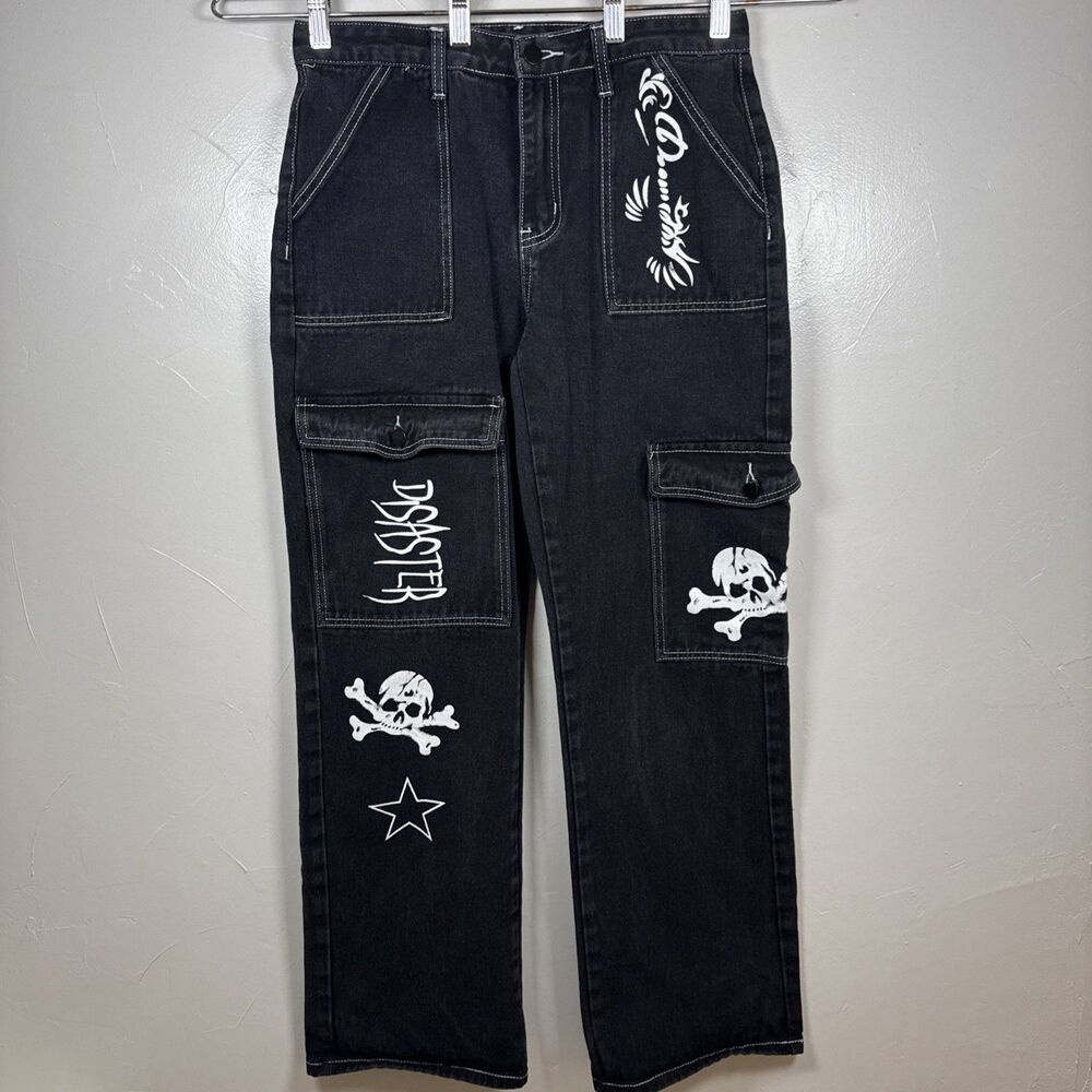 Romwe Grunge Punk Plus Letter & Skull Print Flap Pocket Side Cargo Pants Size 6 - Picture 2 of 12